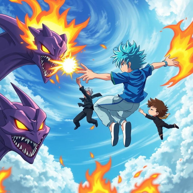 An anime scene featuring a boy with striking blue hair, wearing a vibrant blue shirt and light blue pants, soaring through the air using fire powers alongside a little boy in a sleek black shirt and dark pants