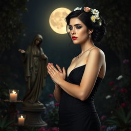 A full-length portrait of a beautiful, innocent 18-year-old BBW white woman with delicate flowers styled in her black hair in an elegant updo, featuring a somber expression on her face