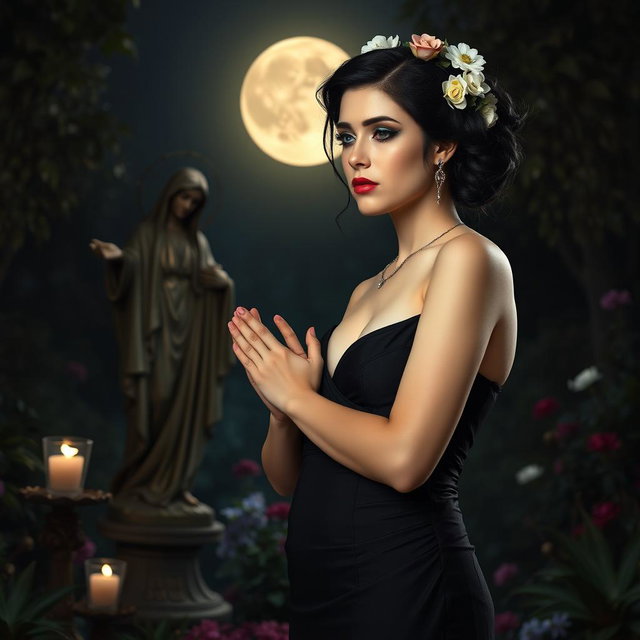 A full-length portrait of a beautiful, innocent 18-year-old BBW white woman with delicate flowers styled in her black hair in an elegant updo, featuring a somber expression on her face