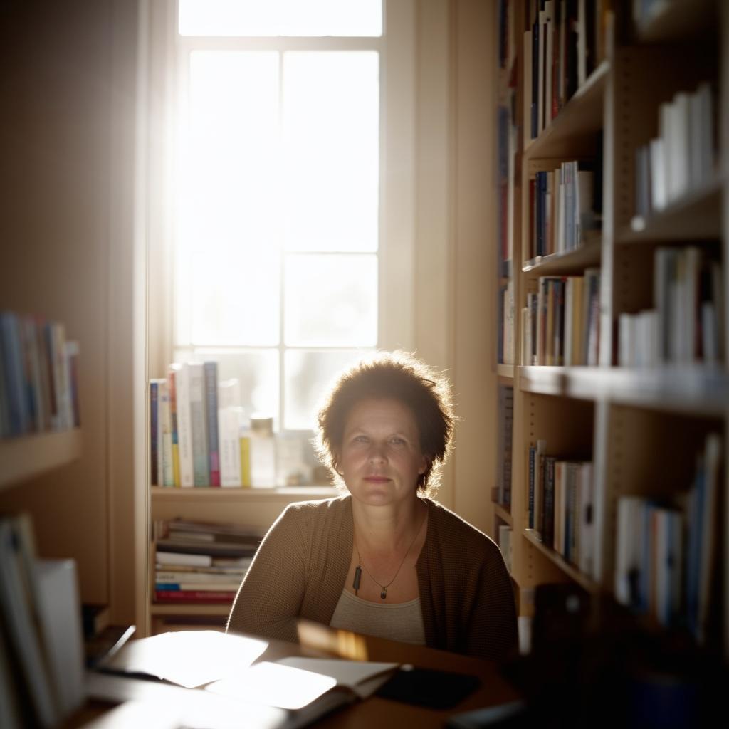 Portrait of a writer seated at a desk in a home office, with a softly blurred backdrop of bookshelves. Illuminated by soft sunlight and captured through a Hasselblad camera with an 85mm lens at F 1.2 aperture.