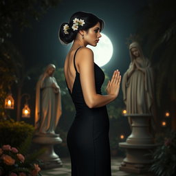 A full-length portrait of a beautiful, innocent 18-year-old BBW white woman with delicate flowers styled in her black hair in an elegant updo, featuring a somber expression on her face