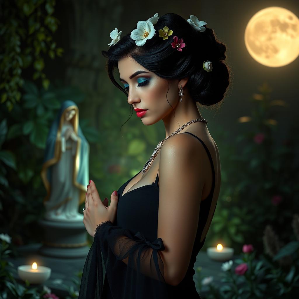 A full-length portrait of a beautiful, innocent 18-year-old BBW white woman with delicate flowers styled in her black hair in an elegant updo, featuring a somber expression on her face