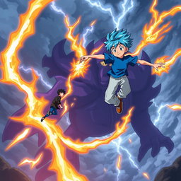 An exciting anime scene depicting a boy with striking blue hair, dressed in a vibrant blue shirt and light blue pants, soaring through the sky using fire powers