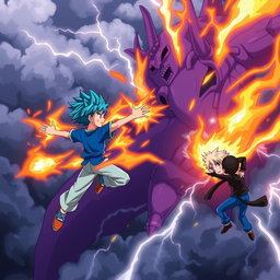 An exciting anime scene depicting a boy with striking blue hair, dressed in a vibrant blue shirt and light blue pants, soaring through the sky using fire powers