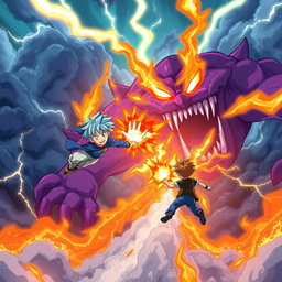 An exciting anime scene depicting a boy with striking blue hair, dressed in a vibrant blue shirt and light blue pants, soaring through the sky using fire powers