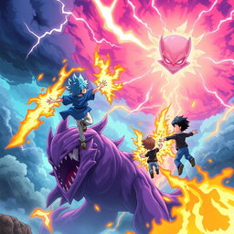 An exciting anime scene depicting a boy with striking blue hair, dressed in a vibrant blue shirt and light blue pants, soaring through the sky using fire powers