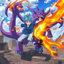 An exhilarating anime scene depicting a boy with striking blue hair, dressed in a vibrant blue shirt and light blue pants, using fire powers to fly swiftly around a massive purple monster with multiple tails, set against the backdrop of a ruined city