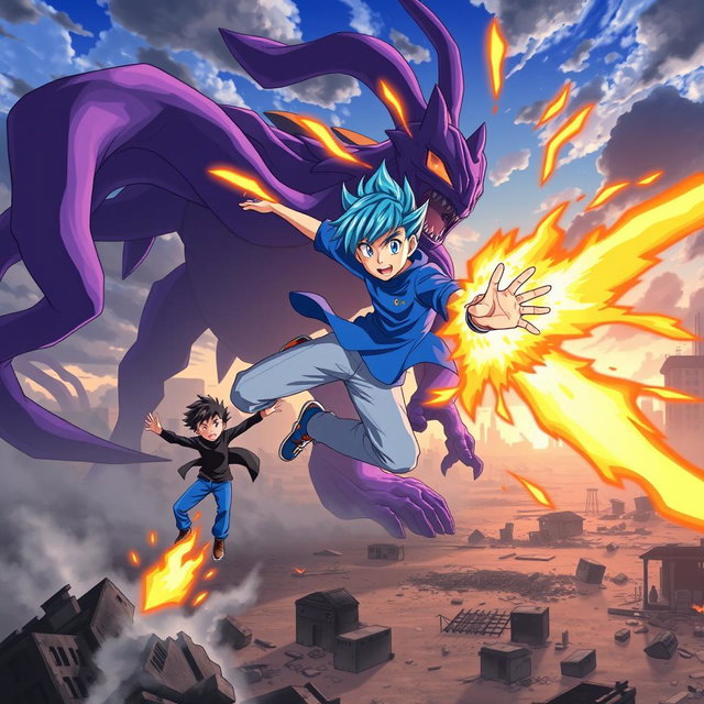 An exhilarating anime scene depicting a boy with striking blue hair, dressed in a vibrant blue shirt and light blue pants, using fire powers to fly swiftly around a massive purple monster with multiple tails, set against the backdrop of a ruined city