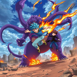 An exhilarating anime scene depicting a boy with striking blue hair, dressed in a vibrant blue shirt and light blue pants, using fire powers to fly swiftly around a massive purple monster with multiple tails, set against the backdrop of a ruined city