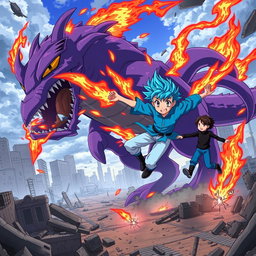 An exhilarating anime scene depicting a boy with striking blue hair, dressed in a vibrant blue shirt and light blue pants, using fire powers to fly swiftly around a massive purple monster with multiple tails, set against the backdrop of a ruined city