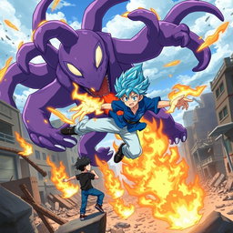 An action-packed anime scene featuring a boy with striking blue hair and black hair, dressed in a vibrant blue shirt and light blue pants, skillfully using fire powers to fly around a massive purple monster with multiple tails