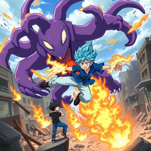 An action-packed anime scene featuring a boy with striking blue hair and black hair, dressed in a vibrant blue shirt and light blue pants, skillfully using fire powers to fly around a massive purple monster with multiple tails