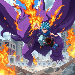 An action-packed anime scene featuring a boy with striking blue hair and black hair, dressed in a vibrant blue shirt and light blue pants, skillfully using fire powers to fly around a massive purple monster with multiple tails