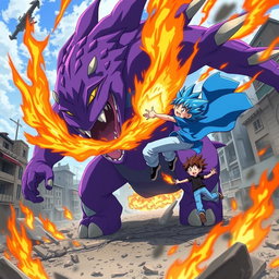 An action-packed anime scene featuring a boy with striking blue hair and black hair, dressed in a vibrant blue shirt and light blue pants, skillfully using fire powers to fly around a massive purple monster with multiple tails