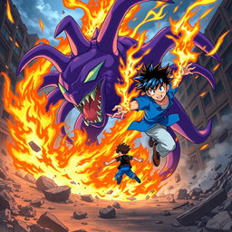 An action-packed anime scene featuring a boy with striking blue hair and black hair, dressed in a vibrant blue shirt and light blue pants, skillfully using fire powers to fly around a massive purple monster with multiple tails