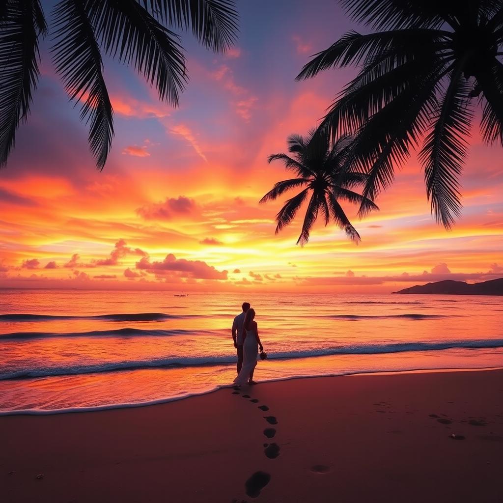 A dynamic and vibrant scene of a beautiful sunset over a tranquil beach, with waves gently lapping at the shore
