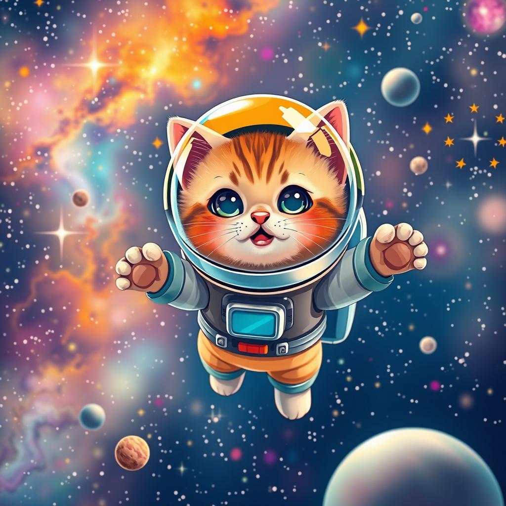 A whimsical scene featuring a cute cat floating in space, wearing a colorful astronaut suit with a reflective helmet