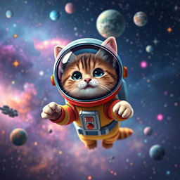 A whimsical scene featuring a cute cat floating in space, wearing a colorful astronaut suit with a reflective helmet