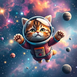 A whimsical scene featuring a cute cat floating in space, wearing a colorful astronaut suit with a reflective helmet