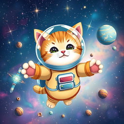 A whimsical scene featuring a cute cat floating in space, wearing a colorful astronaut suit with a reflective helmet