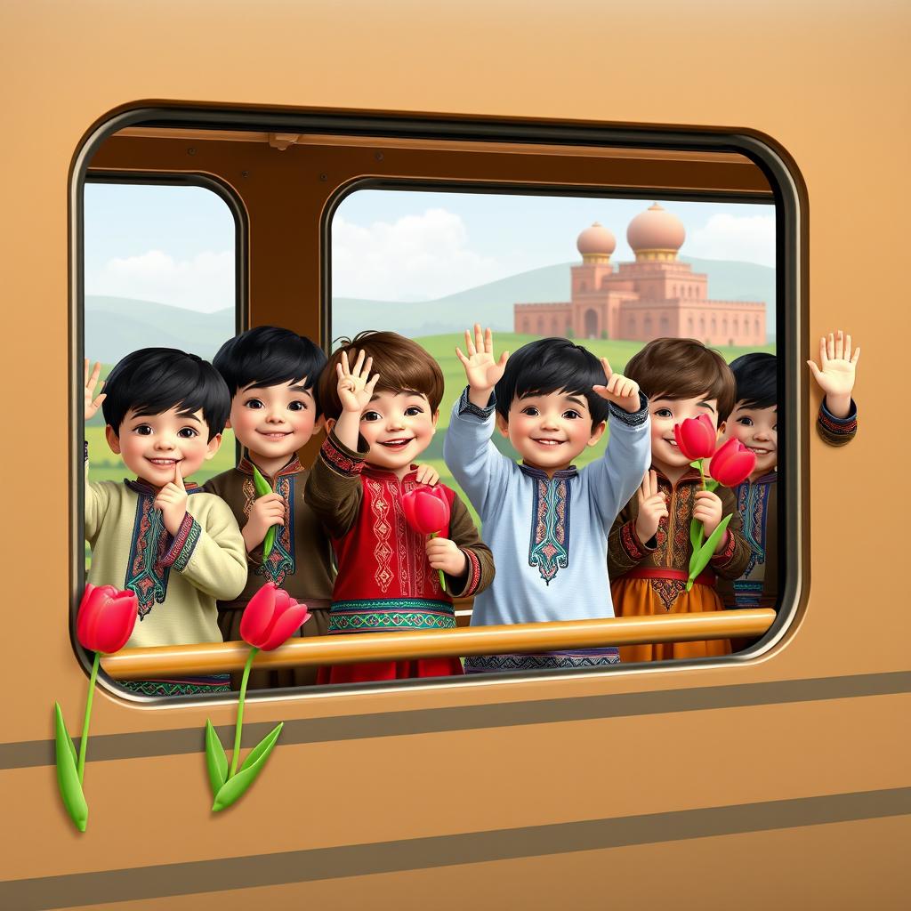 A delightful three-dimensional scene featuring several little 6-year-old boys standing at a train window, joyfully waving with bright smiles on their faces