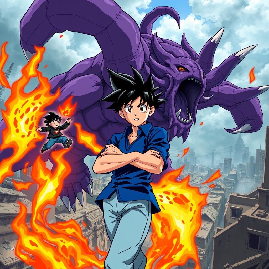 An anime scene featuring a confident anime boy wearing a blue shirt and light blue pants, showcasing stylish black hair