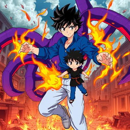 An anime scene featuring a confident anime boy wearing a blue shirt and light blue pants, showcasing stylish black hair