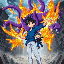 An anime scene featuring a confident anime boy wearing a blue shirt and light blue pants, showcasing stylish black hair