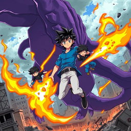 An anime scene featuring a confident anime boy wearing a blue shirt and light blue pants, showcasing stylish black hair