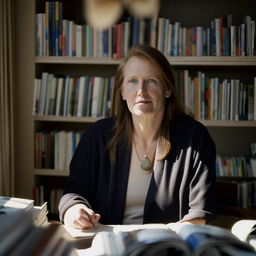 Portrait of a writer seated at a desk in a home office, with a softly blurred backdrop of bookshelves. Illuminated by soft sunlight and captured through a Hasselblad camera with an 85mm lens at F 1.2 aperture.