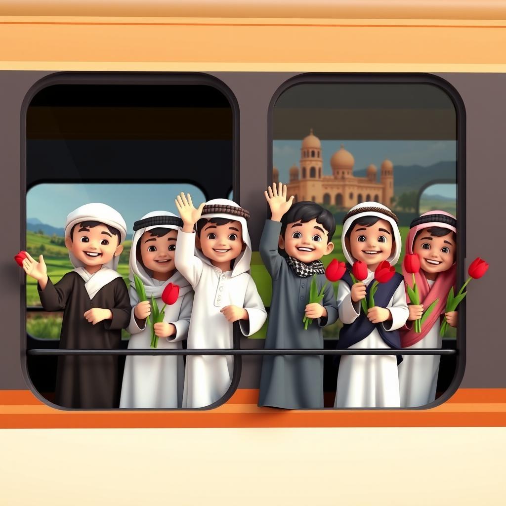 A delightful three-dimensional scene featuring several little 6-year-old boys standing at a train window, joyfully waving with happy faces