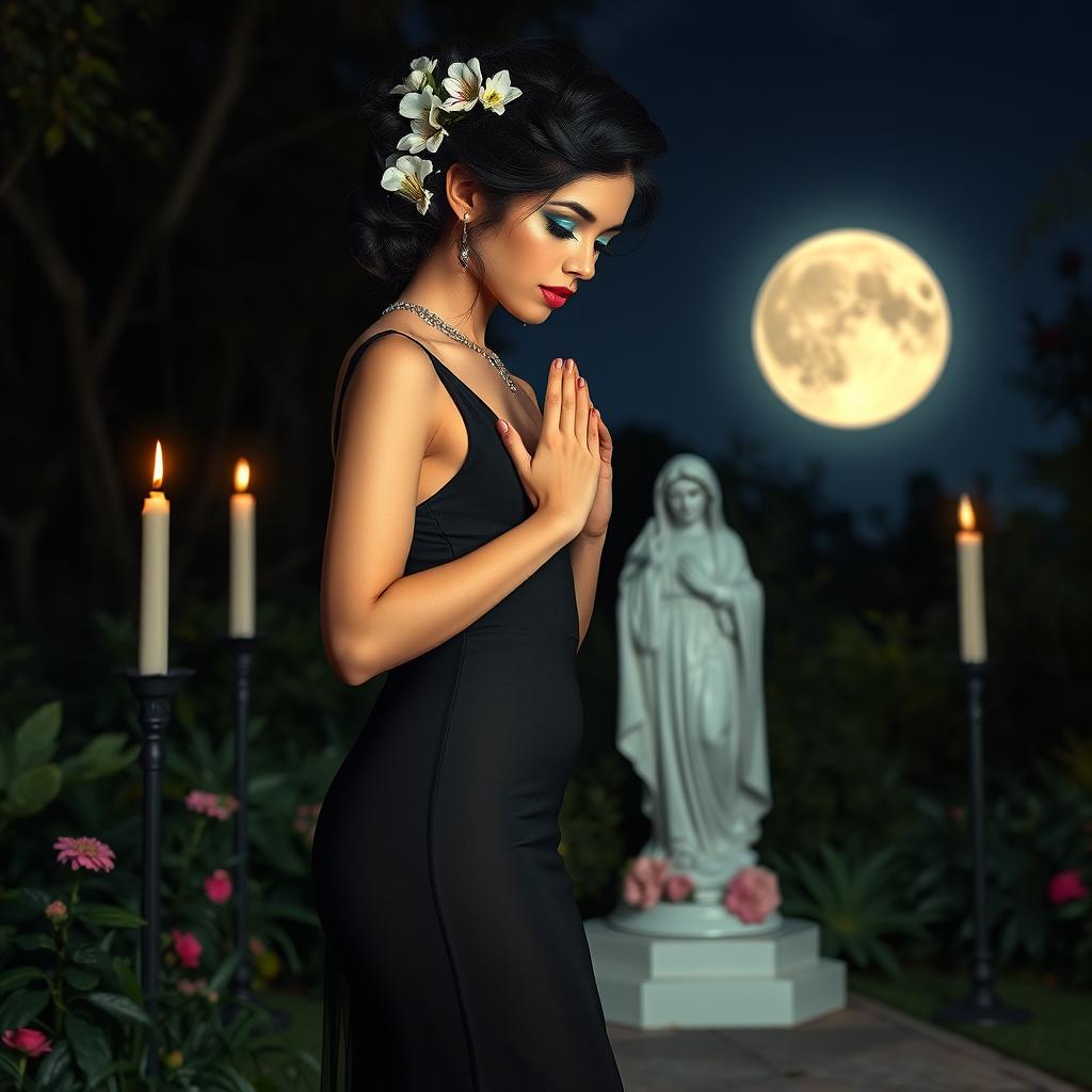 A full-length portrait of a beautiful, innocent 18-year-old BBW white woman featuring delicate flowers in her black hair styled in an elegant updo, displaying a somber expression on her face