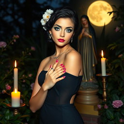 A full-length portrait of a beautiful, innocent 18-year-old BBW white woman featuring delicate flowers in her black hair styled in an elegant updo, displaying a somber expression on her face