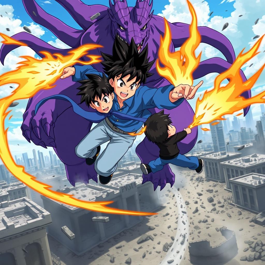 An action-packed anime scene featuring a heroic anime boy wearing a blue shirt and light blue pants, sporting stylish black hair