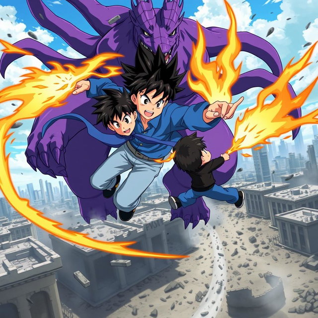 An action-packed anime scene featuring a heroic anime boy wearing a blue shirt and light blue pants, sporting stylish black hair
