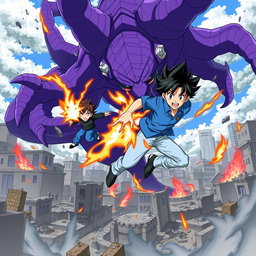An action-packed anime scene featuring a heroic anime boy wearing a blue shirt and light blue pants, sporting stylish black hair