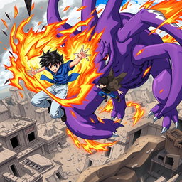 An action-packed anime scene featuring a heroic anime boy wearing a blue shirt and light blue pants, sporting stylish black hair