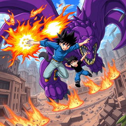 An action-packed anime scene featuring a heroic anime boy wearing a blue shirt and light blue pants, sporting stylish black hair