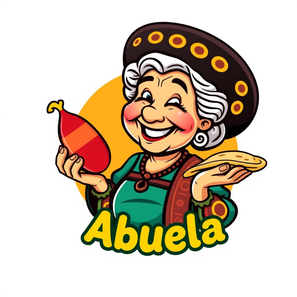 A colorful cartoon-style logo featuring an abuela, a cheerful elderly woman, adorned with a traditional black Mexican cap