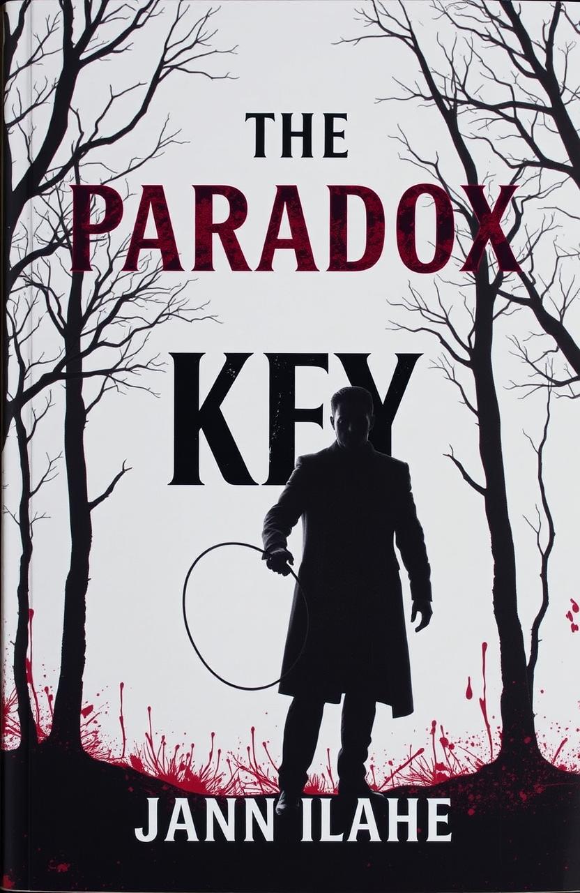 A dramatic book cover featuring a stark white background contrasted with eerie trees drenched in dark red blood