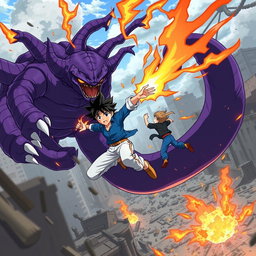 An exhilarating anime scene featuring a brave anime boy wearing a blue shirt and light blue pants, showcasing stylish black hair