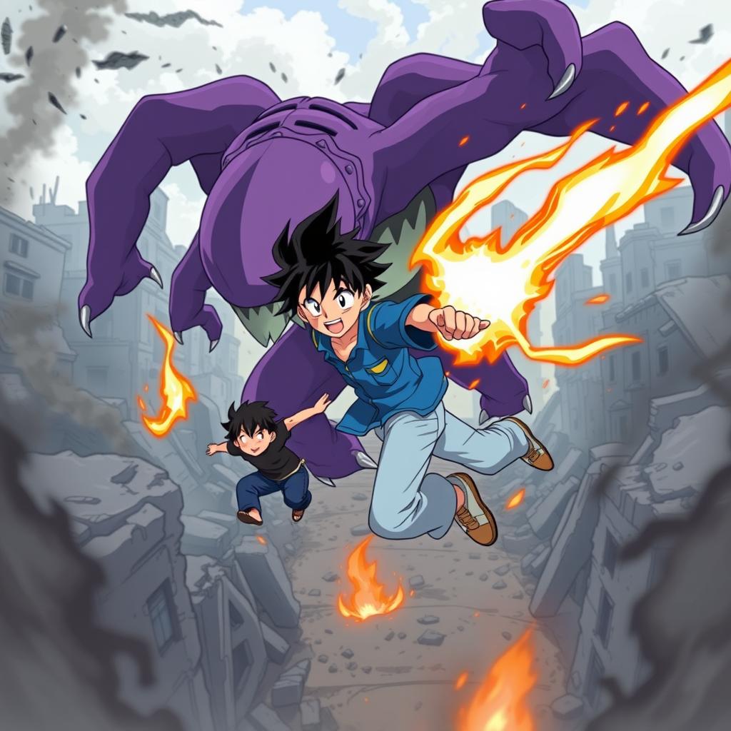 An exhilarating anime scene featuring a brave anime boy wearing a blue shirt and light blue pants, showcasing stylish black hair