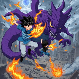 An exhilarating anime scene featuring a brave anime boy wearing a blue shirt and light blue pants, showcasing stylish black hair