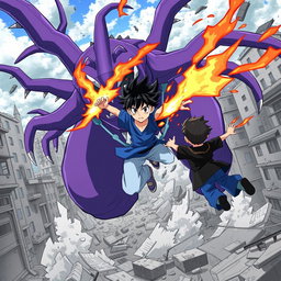 An exhilarating anime scene featuring a brave anime boy wearing a blue shirt and light blue pants, showcasing stylish black hair