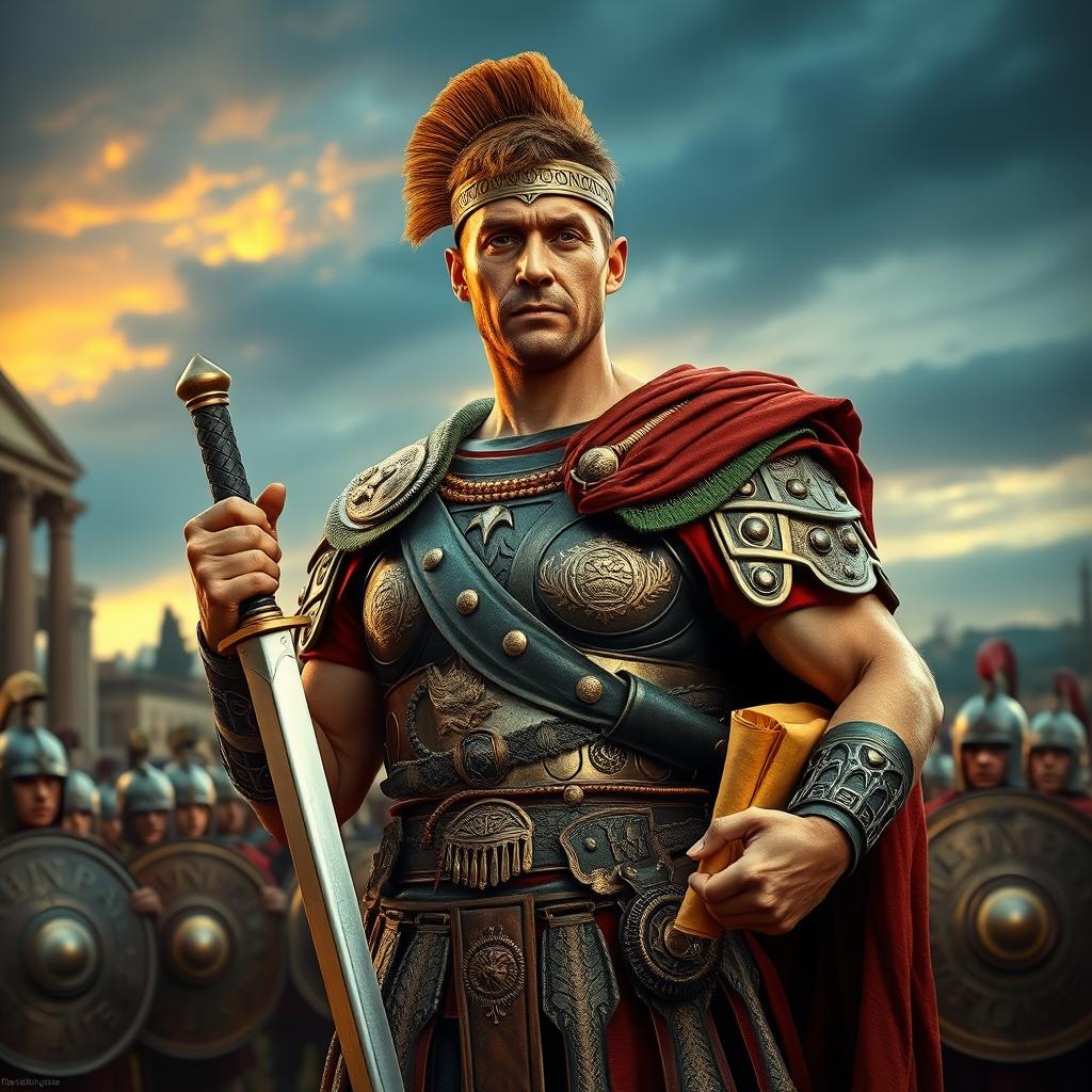 A powerful Roman general, dressed in ornate, decorative armor, standing confidently on a battlefield