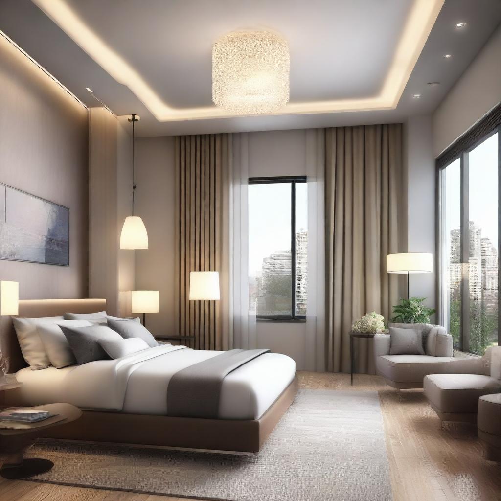 An architectural visualization of an 18x14 feet room, designed comfortably with modern furnishings and soft lighting.