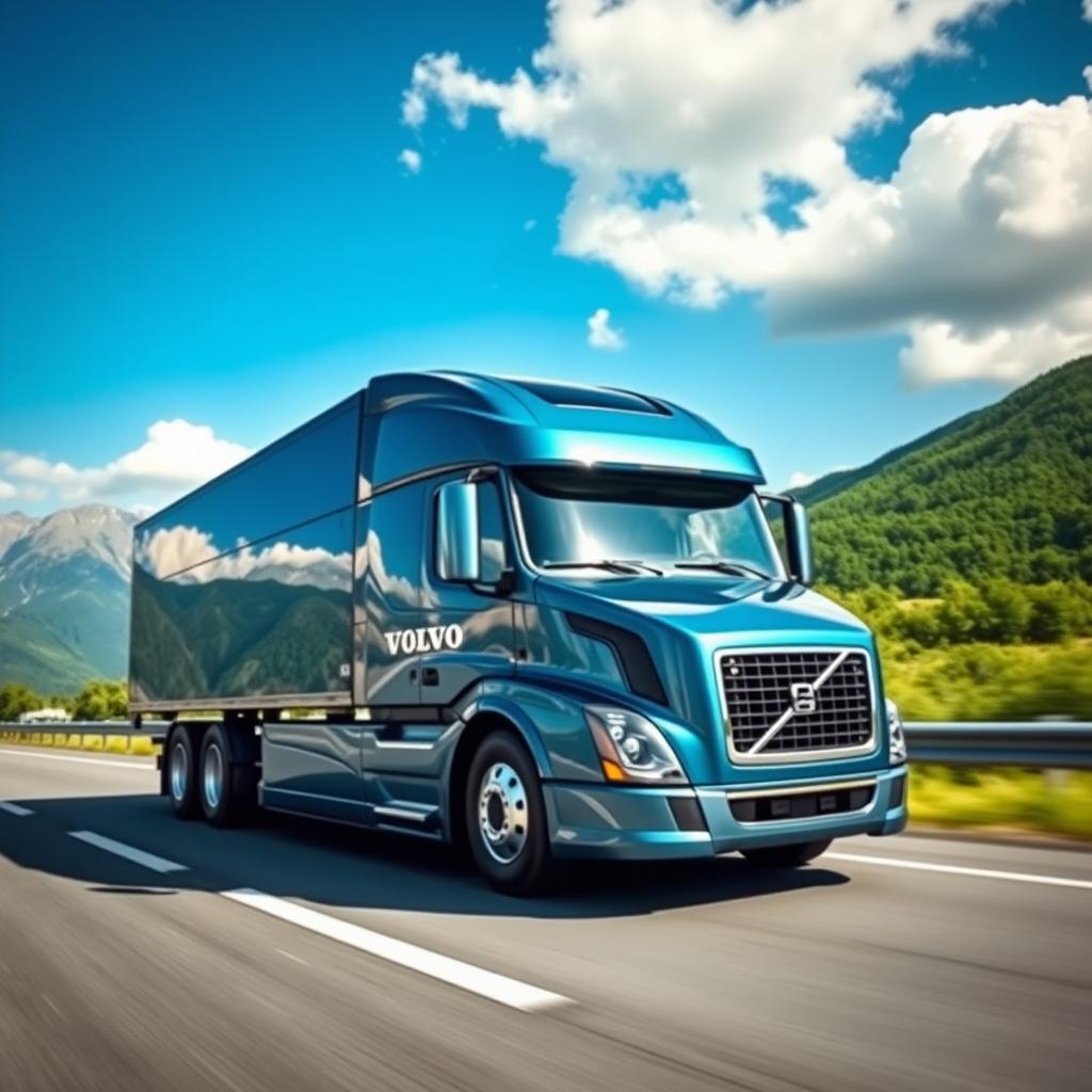 A sleek and modern Volvo truck parked on a scenic highway