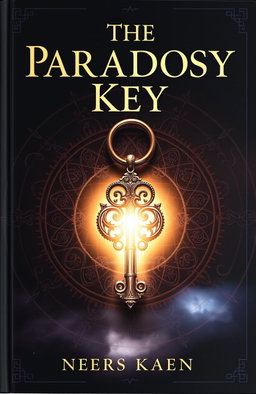 A captivating book cover for 'The Paradox Key' featuring an ancient, intricately designed key at the center, glowing with an ethereal light