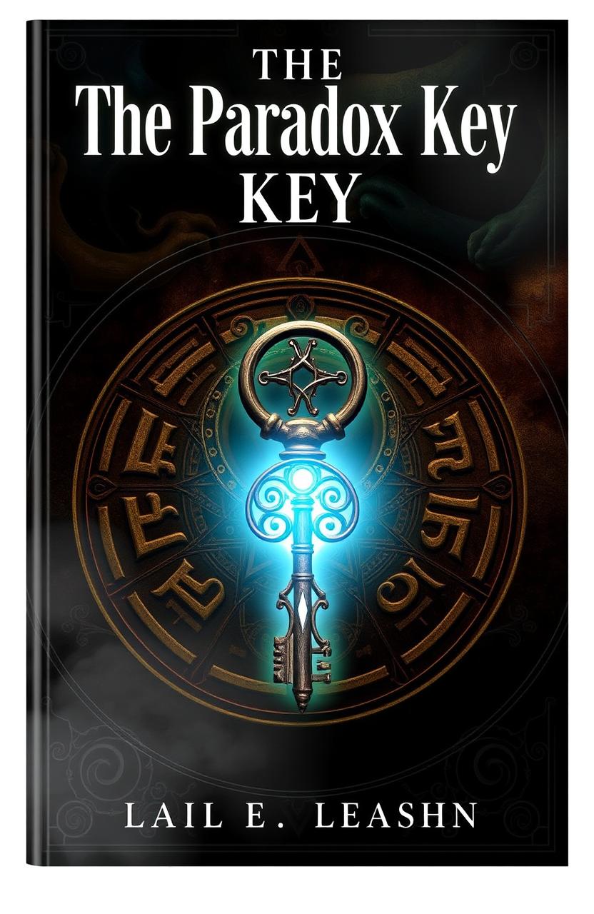 A captivating book cover for 'The Paradox Key' featuring an ancient, intricately designed key at the center, glowing with an ethereal light