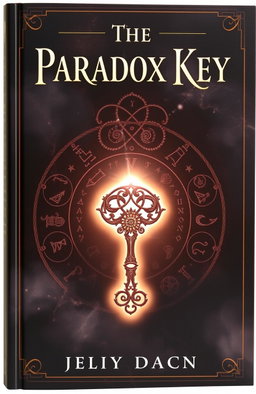 A captivating book cover for 'The Paradox Key' featuring an ancient, intricately designed key at the center, glowing with an ethereal light